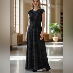 Shoshanna Midnight Black Metallic Textured Cap Sleeve Maxi Dress